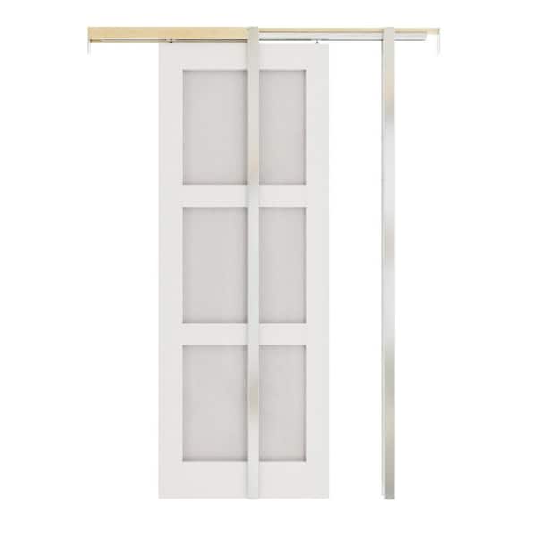 ARK DESIGN 32 in. x 80 in. 3-Lite Glass White Primed Wood Pocket Door with Steel Door Frame and Hardware (Soft Close Included)