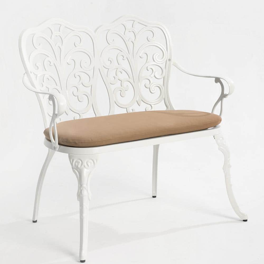 2-Person White Rust-Resistant Aluminum Outdoor Bench with Tan Cushion for P
