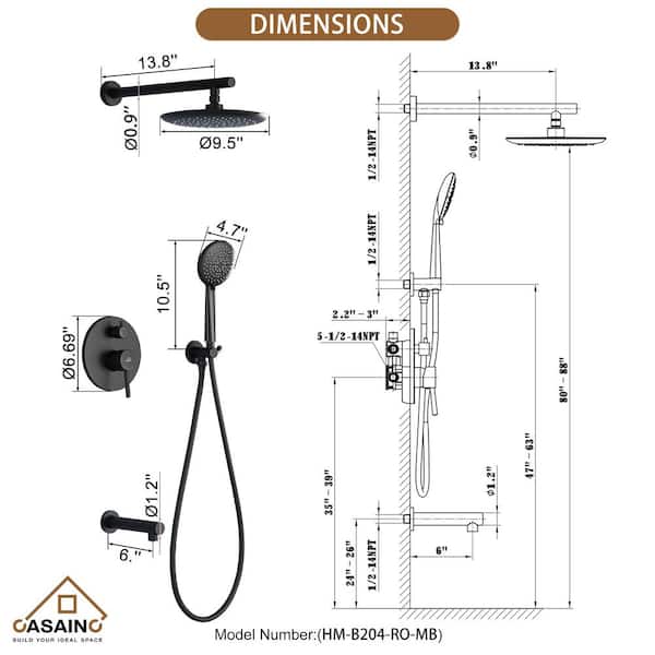 5-Spray Patterns 9.5 in. Tub Wall Mount Dual Shower Heads in Spot Resist Matte Black