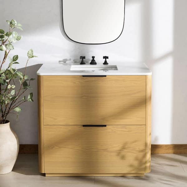 Gabrietta 36 in. Single Sink Natural Bath Vanity with White Marble Top