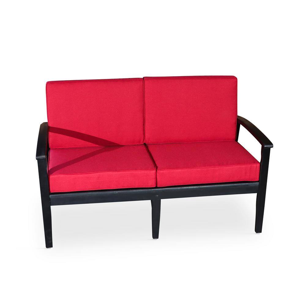 Espresso Eucalyptus Wood Outdoor Loveseat with Red Cushions for Garden, Law