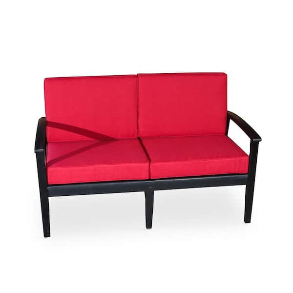Unbranded Espresso Eucalyptus Wood Outdoor Loveseat with Red Cushions for Garden, Lawn, Backyard