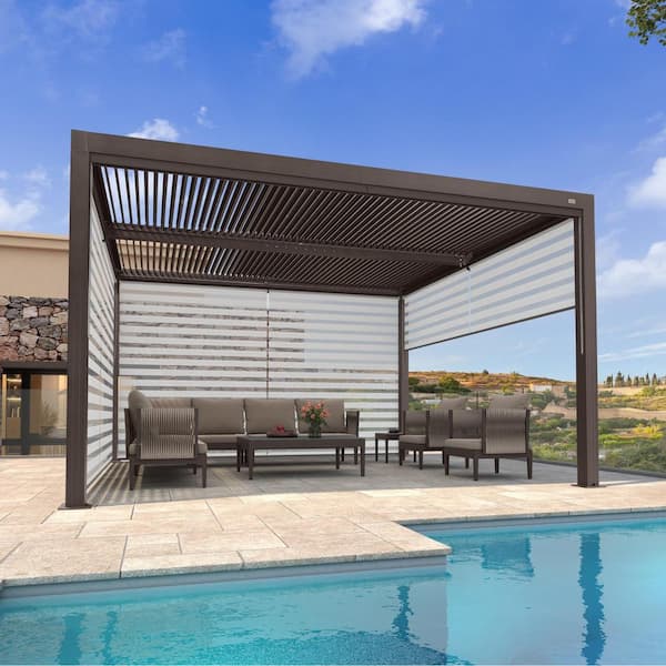 PURPLE LEAF 11 ft. x 13 ft. Bronze Aluminum Louvered Pergola with Adjustable Sunshade Roofs and 1-Long 2-Short Side Roller Shade