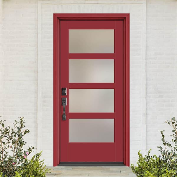 Performance Door System 36 in. x 80 in. VG 4-Lite Right-Hand Inswing Pearl Red Smooth Fiberglass Prehung Front Door