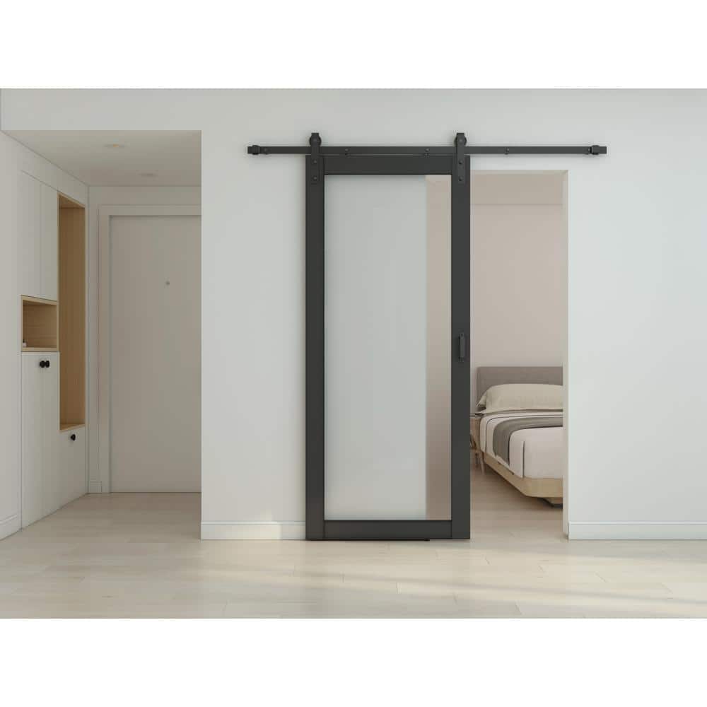 36-in x 84-in Black MDF Barn Door with Frosted Glass