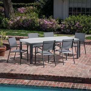 Tucson 7-Piece Aluminum Outdoor Dining Set with 6-Sling Arm Chairs and a Faux Wood Dining Table