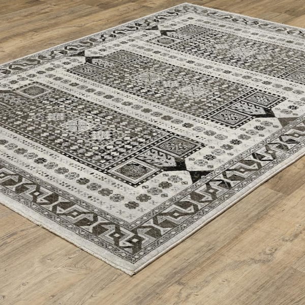 Channing Ivory/Charcoal 2 ft. x 8 ft. Tribal Geometric Medallion Polyester Fringe Edge Indoor Runner Area Rug