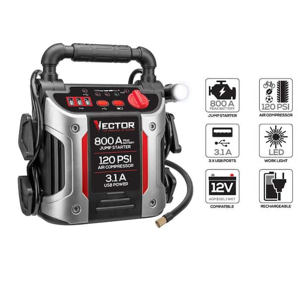 800 Peak Amp Automotive Jump Starter, Portable Power - Triple 15W USB Ports, 120 PSI Air Compressor
