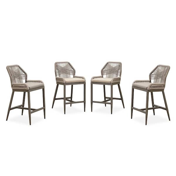 Modern Aluminum Twill Wicker Woven Counter Height Outdoor Bar Stool with Back and Sunbrella Khaki Cushion (4-Pack)