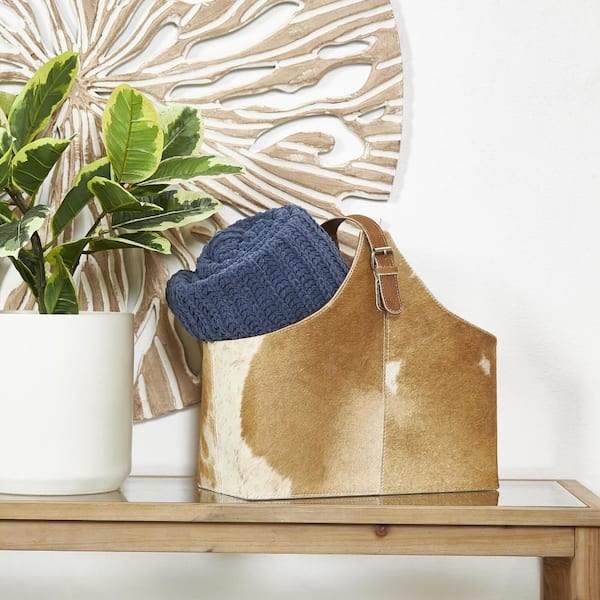 Dark Brown Handmade Box Style Standing Magazine Holder with Detail Stitching and Curved Handles