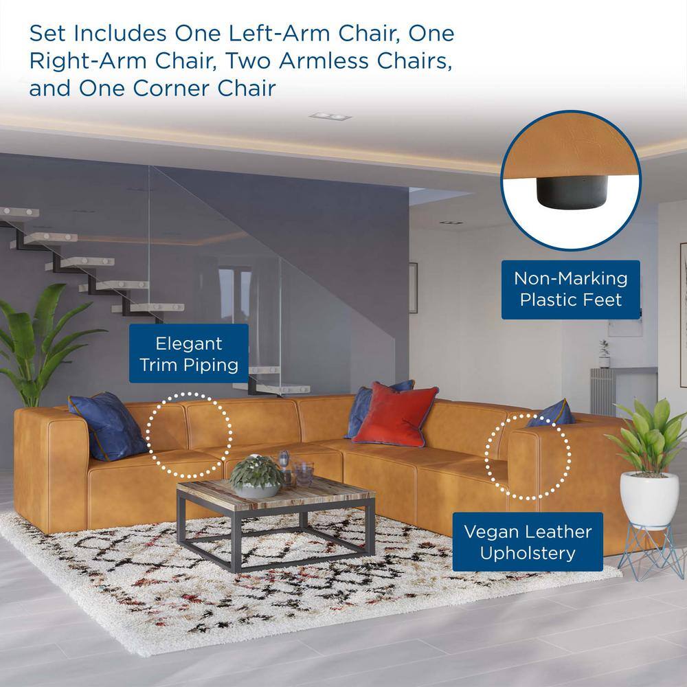 Tan Faux Leather 5-Piece Sectional Sofa with Check Pattern