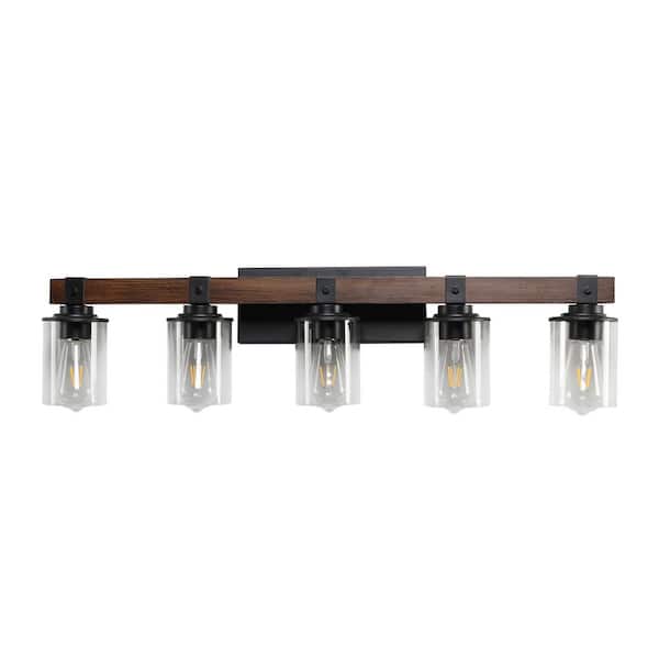 34.6 in. 5-Light Rustic Walnut Bronze Bathroom Vanity Light with Clear Glass Shades Mirror, Vanity (Bulb Not Included)