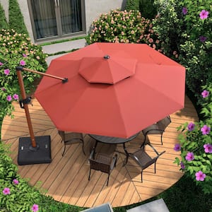 11 ft. Octagon High-Quality Wood Pattern Aluminum Cantilever Polyester Patio Umbrella with Base, Brick Red