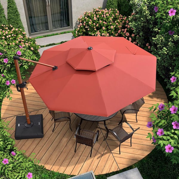 PURPLE LEAF 11 ft. Octagon High-Quality Wood Pattern Aluminum Cantilever Polyester Patio Umbrella with Base, Brick Red
