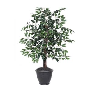 4 ft. Green Artificial Variegated Ficus Bush in Gray Round Plastic Container