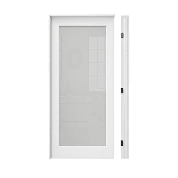36 in. x 80 in. 1-Lite Frosted Glass Right Hand White Solid Core Glass Single Prehung Interior Door+ Quick Assemble Jamb