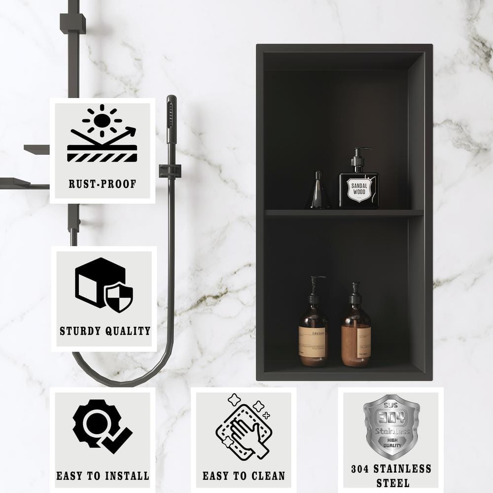 Matte Black Stainless Steel Double Shelf Recessed Shower Niche