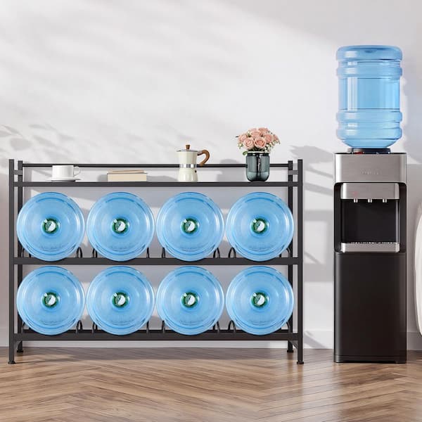 3-Tier Water Jug Rack, 4-Row Organizer for 3 and 5-Gal. Bottles, Holds 8 Containers, Black, Durable Shelf with Angled