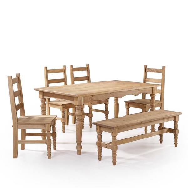 Manhattan Comfort Jay 6-Piece Nature Solid Wood Dining Set with 1-Bench, 4-Chairs and 1-Table