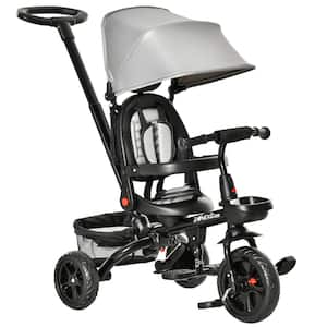 4-in-1 Gray Baby Tricycle w Reversible Angle Adjustable Seat, Removable Handle Canopy Handrail Belt Storage, 1-5 Yrs Old