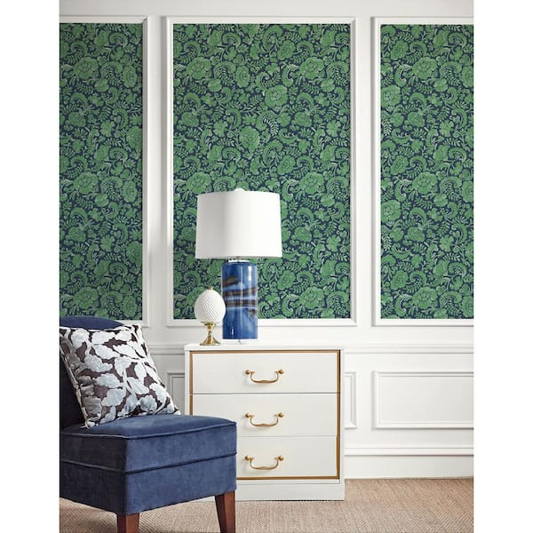 Spearmint and Navy Tonal Paisley Vinyl Peel and Stick Wallpaper Roll (Cover 30.75 sq. ft.)