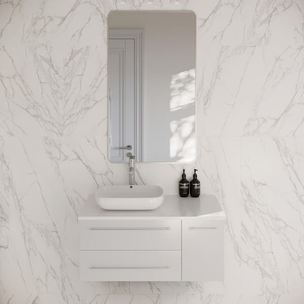Lucera 36 in. Single Sink Wall Mount White Bath Vanity with White Quartz Top and Vessel Sink - Left Version