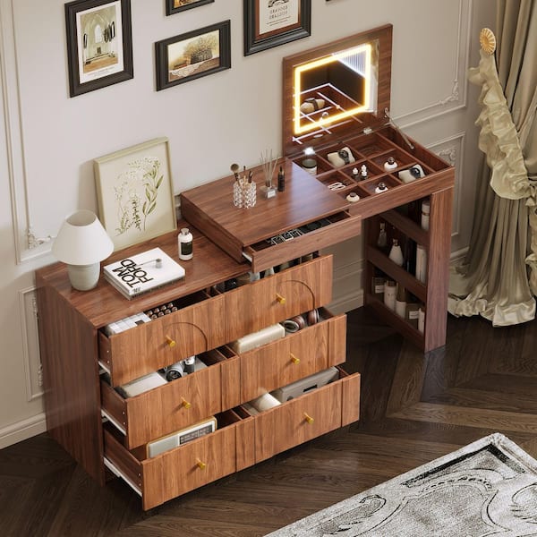 Harper & Bright Designs Walnut Modern Makeup Vanity Desk with LED Lighted Mirror, Lift-Top Jewelry Organizer, 7 Drawers, 3 Shelves