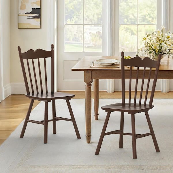 17 in. Walnut Classic Windsor Dining Chair Farmhouse Solid Wood Armless Kitchen Chairs with Wave Spindle Back Set of 2