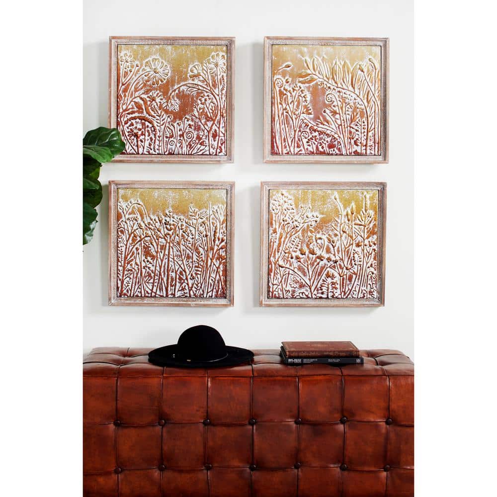 Whimsical Gold Metal Floral Wall Art Set in Beige Frames
