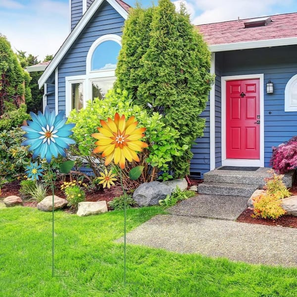 2-Pack Decorative Metal Flower Garden Stakes (35.4 in.)-Yellow and
