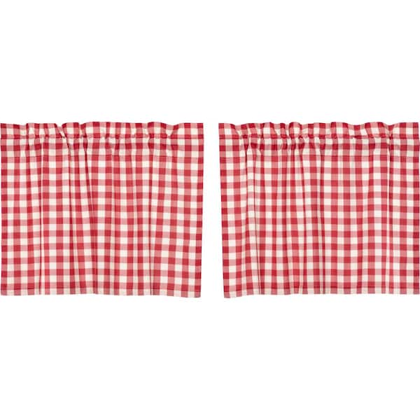 VHC BRANDS Annie Buffalo Check Red White 36 in. W x 24 in. L Cotton Light Filtering Rod Pocket Curtain Window Panel Pair