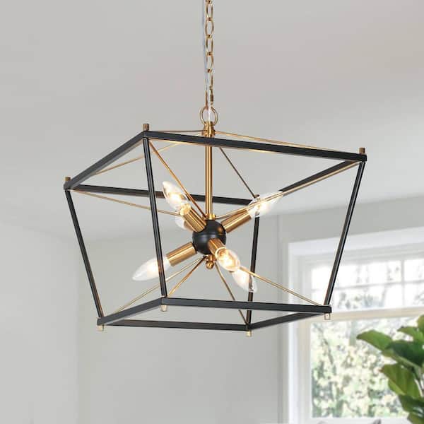 Zevni Modern Farmhouse 6-Light Black Caged Chandelier, 15.5 in. Brass Sputnik DIY Pendant Hanging Light for Dining Room, Foyer