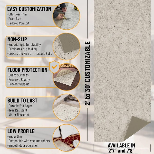 Non Slip 3x8 Rug Pad Grip Protection for Dual Surface 2 ft. 7 in. x 8 ft., .125 in. Thick, Beige