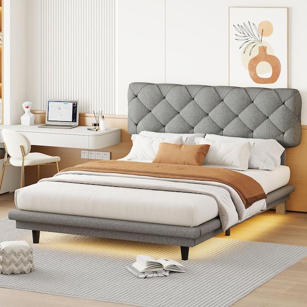 Harper & Bright Designs Gray Wood Frame Full Size Linen Upholstered Platform Bed with LED Light Stripe, Stylish Tufted Headboard