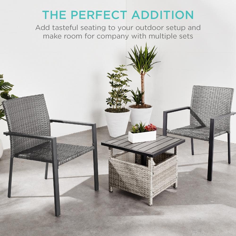 Set of 2 Gray Wicker Stackable Outdoor Dining Chairs with Armrests