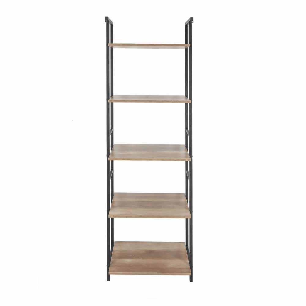 Light Oak and Black 5-Shelf Industrial Etagere Bookcase