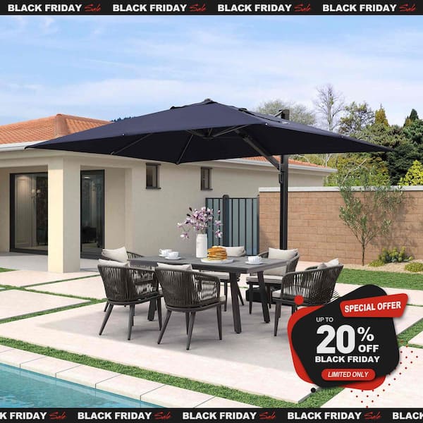 PURPLE LEAF 9 ft. x 12 ft. Large Outdoor Aluminum Cantilever 360-Degree Rotation Patio Umbrella with Base, Navy Blue