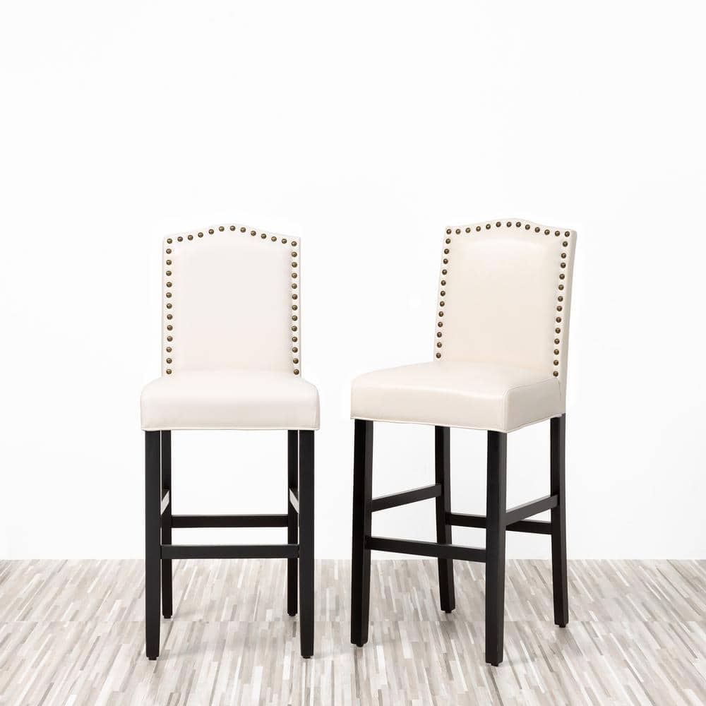 Set of 2 Cream White Leatherette Studded Barstools with Wood Legs