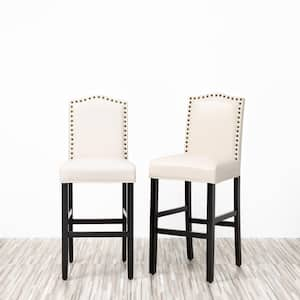 45.00 in. H Cream White Leatherette Barchair with Studded Decoration Back and Black Solid Rubberwood Legs (Set of 2)