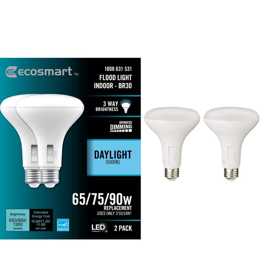 EcoSmart 65/75/90-Watt Equivalent BR30 3-Way Flood ENERGY STAR Dimmable CEC LED Light Bulb Daylight (2-Pack) -  FG-04307