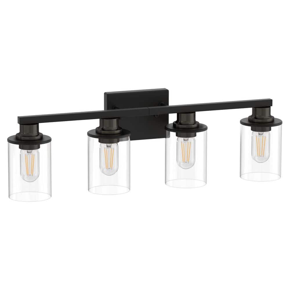 24 in. Industrial 4-Light Matte Black Farmhouse Vanity Light with Glass Shades for Bathroom price history on PriceWatchPro