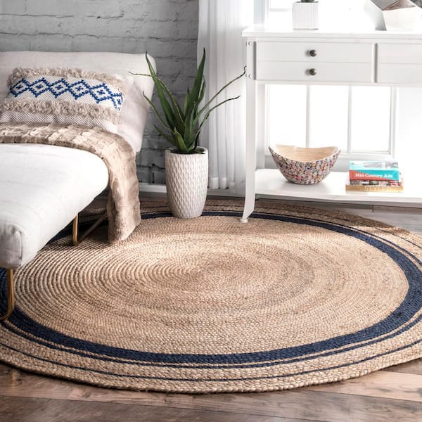 Rikki Braided Border Jute Navy 6 ft. Farmhouse Round Rug