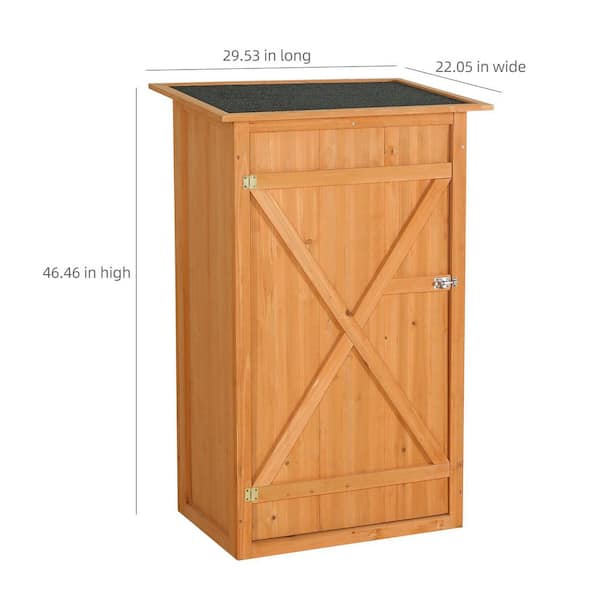 Outdoor wooden tool Shed with a flat roof, featuring a lockable