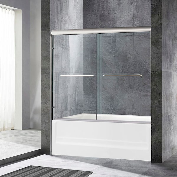 56-60 in. W x 60 in. H Double Sliding Semi Frameless Tub Door in Brushed Nickel Finish with 5/16 in. (8mm) Clear Glass