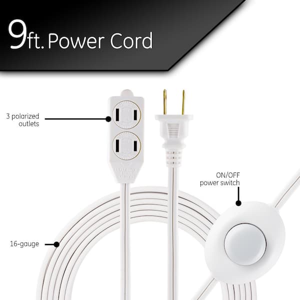 9ft 2-Prong Plarized Power Extension Cord w/ 3-Outlets & a Lighted Foot Switch 