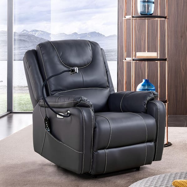 Bonded Leather Power Recliner with Massage, Heating and Phone Holder, Side Pockets, USB Charge Ports in Black