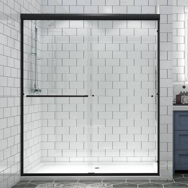 WOODSAM 60 in. W x 70 in. H Sliding Framed Shower Door in Matte Black with 1/4 in. (6 mm) Clear Glass