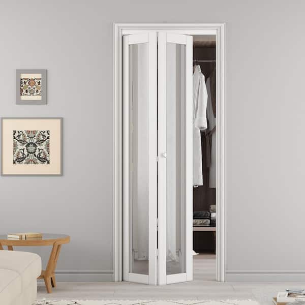 32 in. x 80.5 in. 1-Lite Mirrored Glass and Solid Core MDF White Prefinishied Closet Bifold Door with Hardware Kit