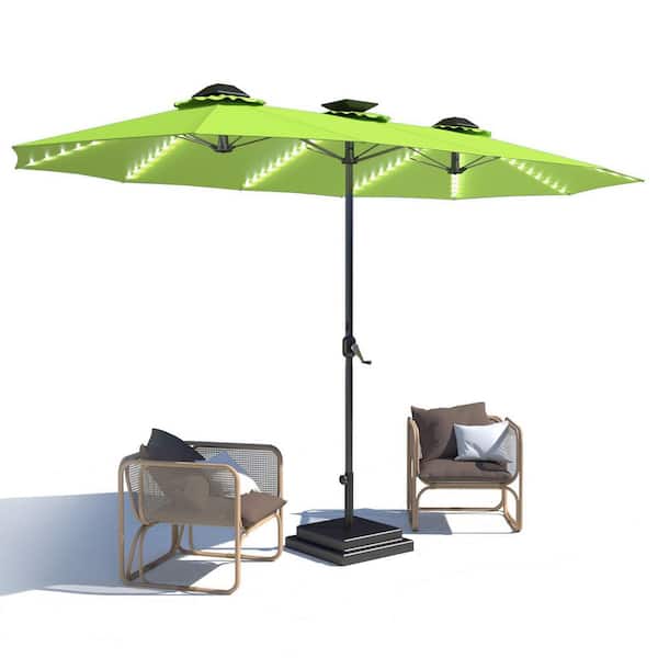 15 ft. Outdoor Large Double Market Patio Umbrella with Solar Lights, LED Lights and Crank Handle in Green