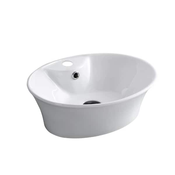 FUNKOL 15.38 In. D X 18.50 In. W X 6.38 In. H White Modern Oval Ceramic Vessel Bathroom Sink Vanity